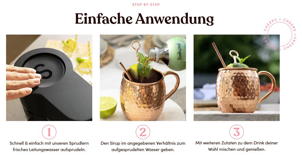 Aplikace 'Ein einfache Anwendung' zobrazuje tři kroky: 1. Přidejte vodu z vodovodu do saturátoru. 2. Smíchejte sirup se sycením. 3. Přidejte ingredience, promíchejte a vychutnávejte.