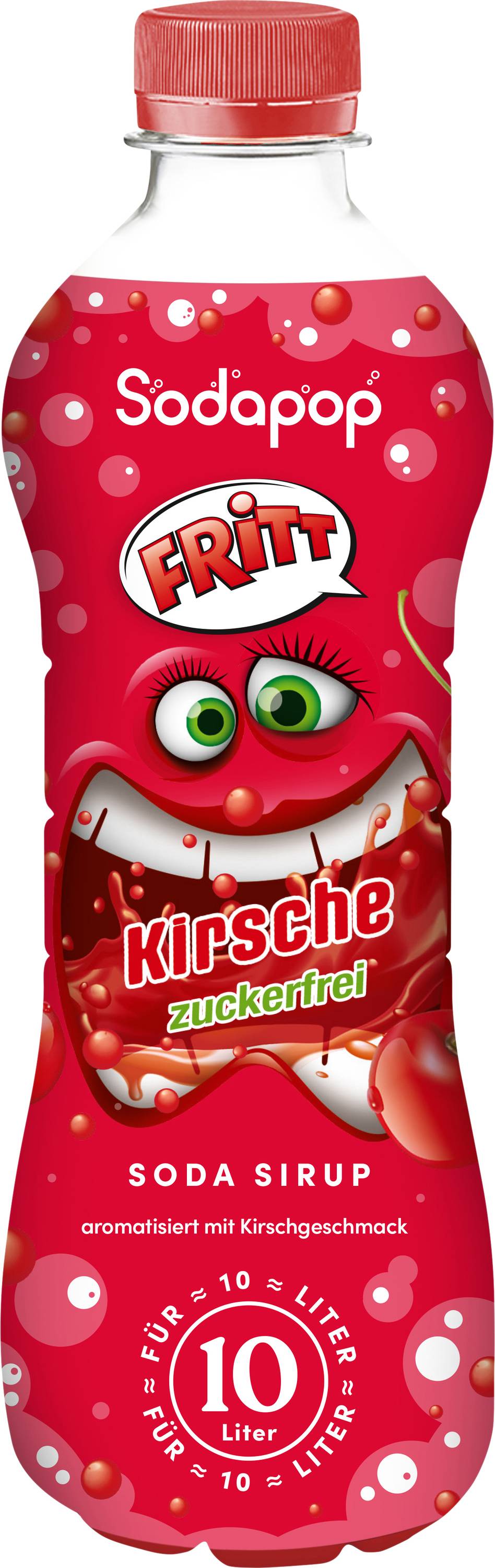 Červená láhev sirupu 'Sodapop Fritt' s příchutí třešně bez cukru, určená k přípravě až 10 litrů nápoje.