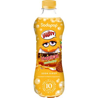 Barevná láhev s pomerančovým sodovým sirupem označená 'Sodapop Fritt Tropical zuckerfrei' s úsměvavým animovaným ovocným obličejem.