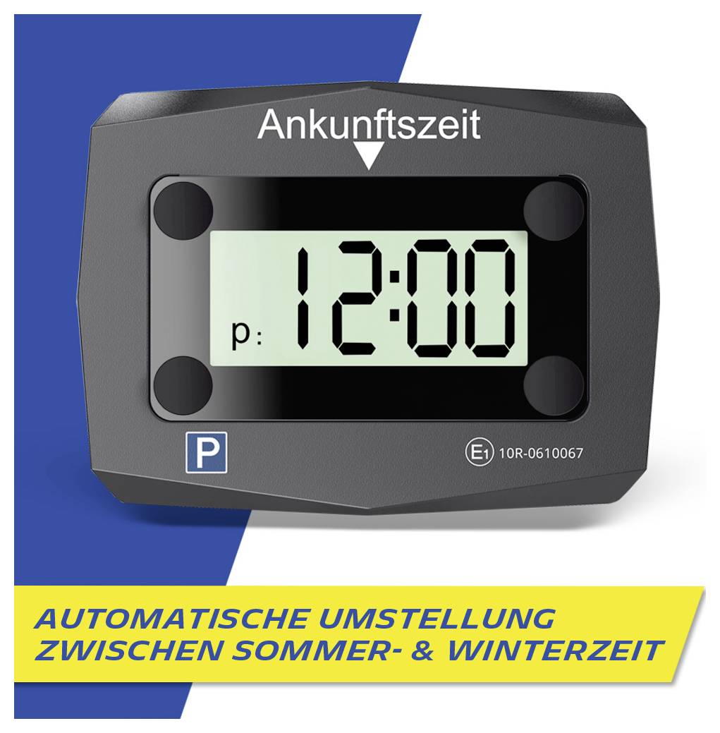Digitální parkovací kotouč zobrazující 'Čas příjezdu' a čas '12:00'. Text pod tím uvádí 'Automatické přepínání mezi letním a zimním časem'.