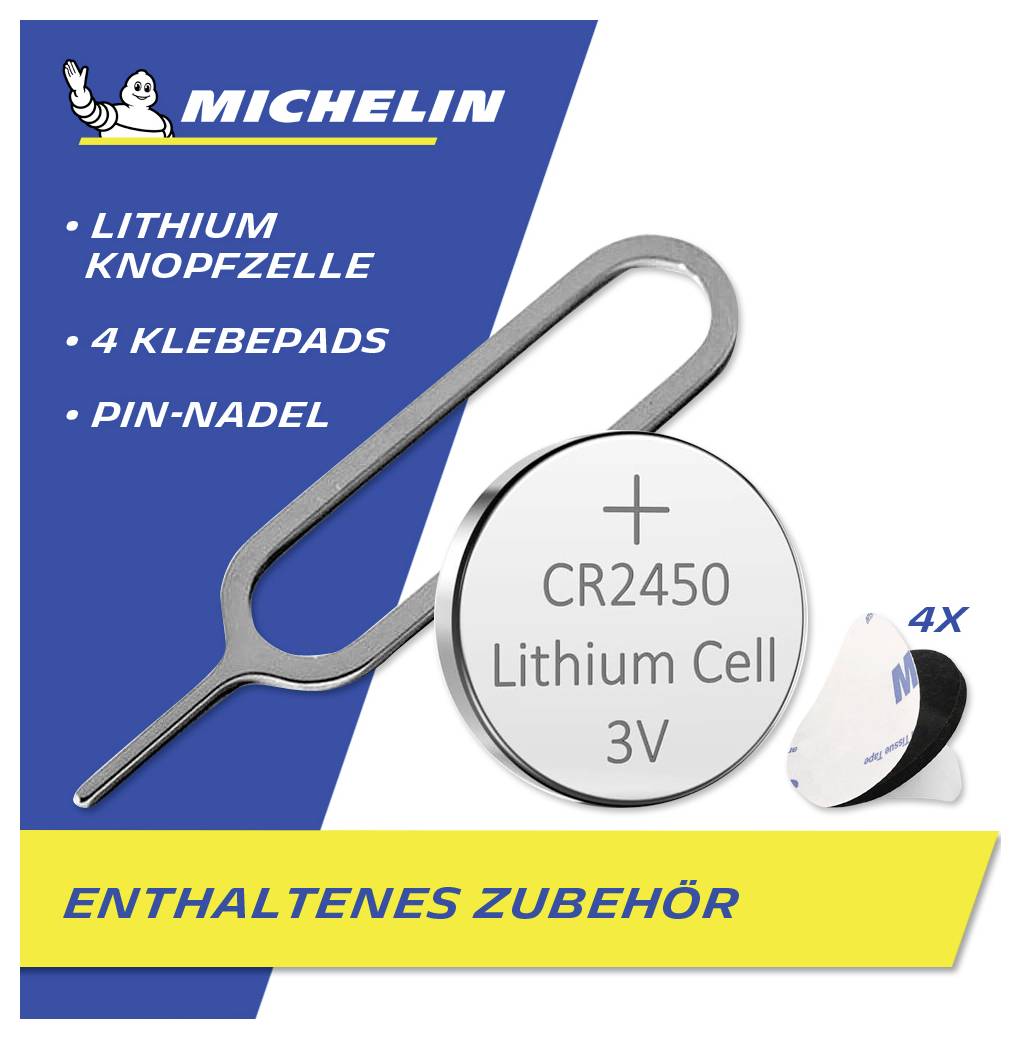 Logo 'Michelin' s obrázkem lithiové knoflíkové baterie označené 'CR2450 Lithium Cell 3V', vedle vytahovače SIM karty a samolepicích podložek, nadepsané 'Příslušenství'.