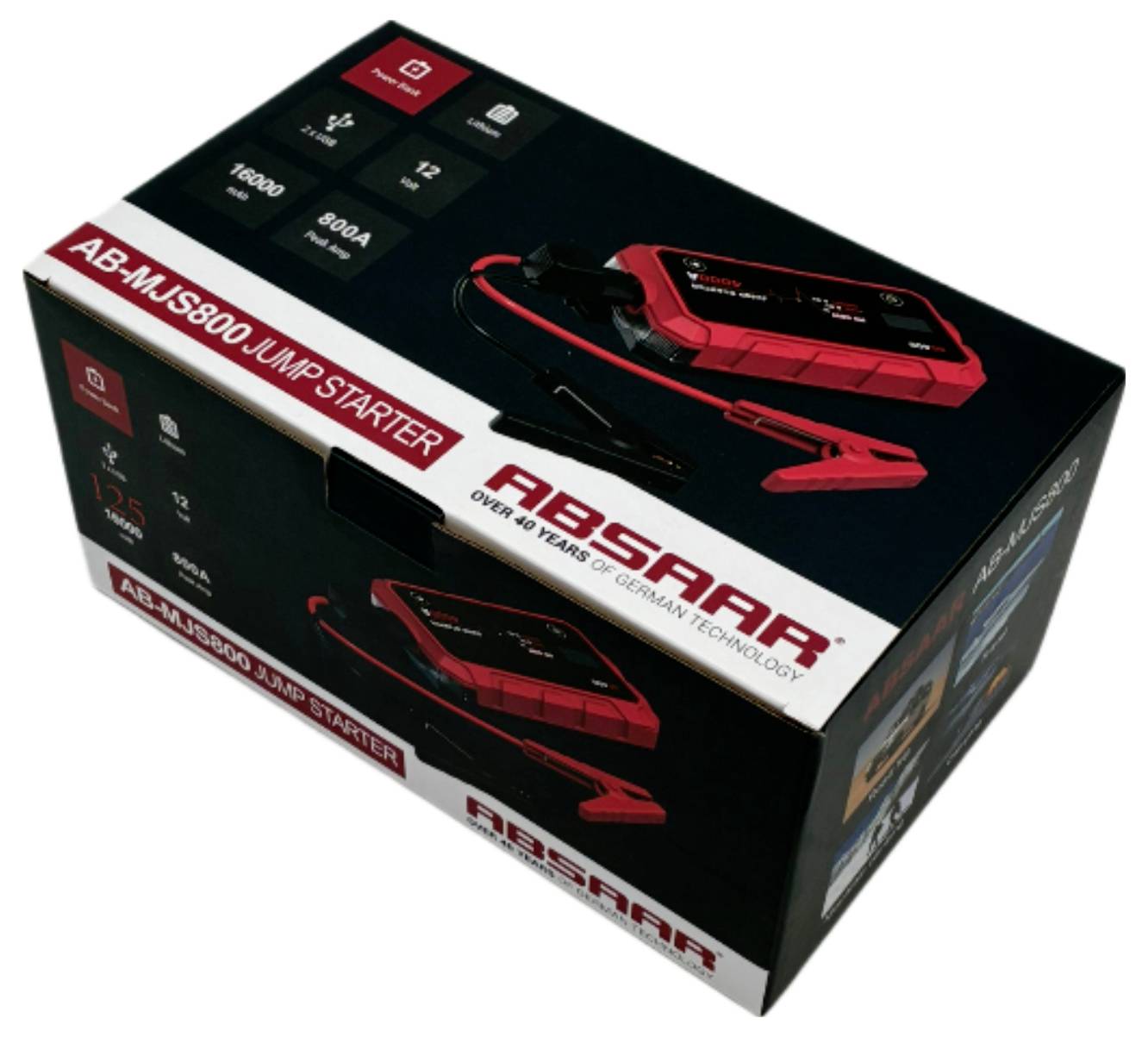 Krabice obalu startéru 'AB-MJS800 Jump Starter'. Zobrazuje obrázek produktu, klíčové vlastnosti jako špičkový proud 800A a značení technologie ABS.