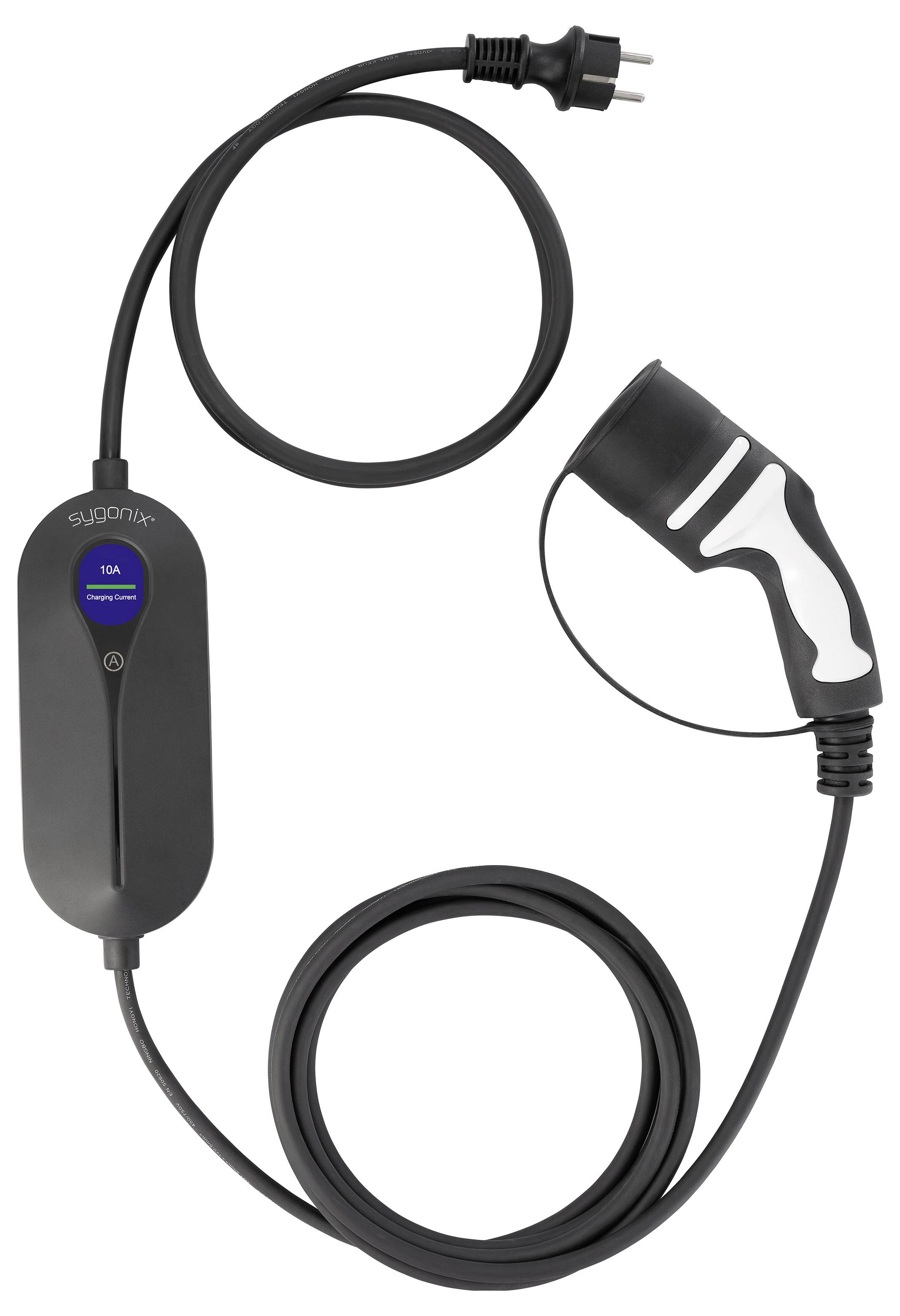 Kabel pro nabíjení elektromobilů s konektorem na jednom konci a rukojetí na druhém konci, s kompaktní řídicí jednotkou uprostřed.