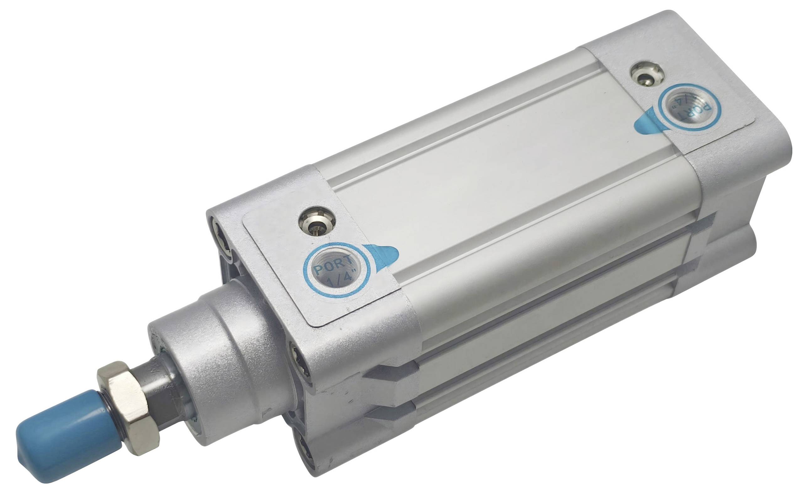 Pneumatický válec se stříbrným tělem a modrým koncovým víčkem, označený „port". Používá se v mechanismech pro řízení lineárního pohybu.