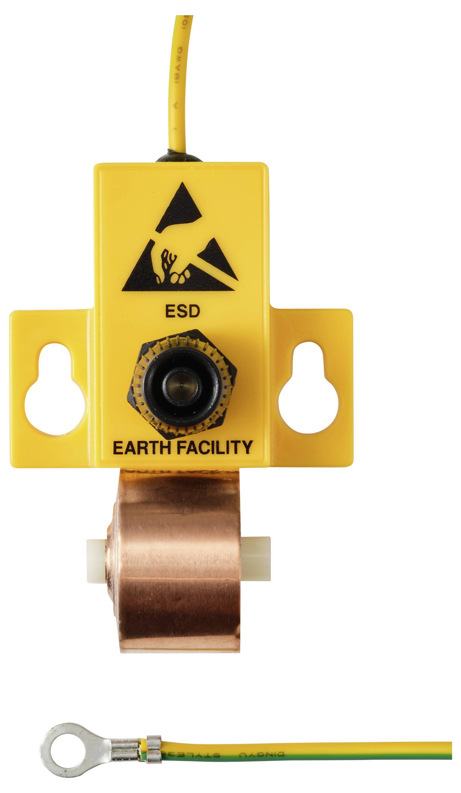 Zařízení pro uzemnění ESD (elektrostatického výboje) označené jako "Earth Facility" s žlutou skříní a černým uzemnícím symbolem na vrcholu.