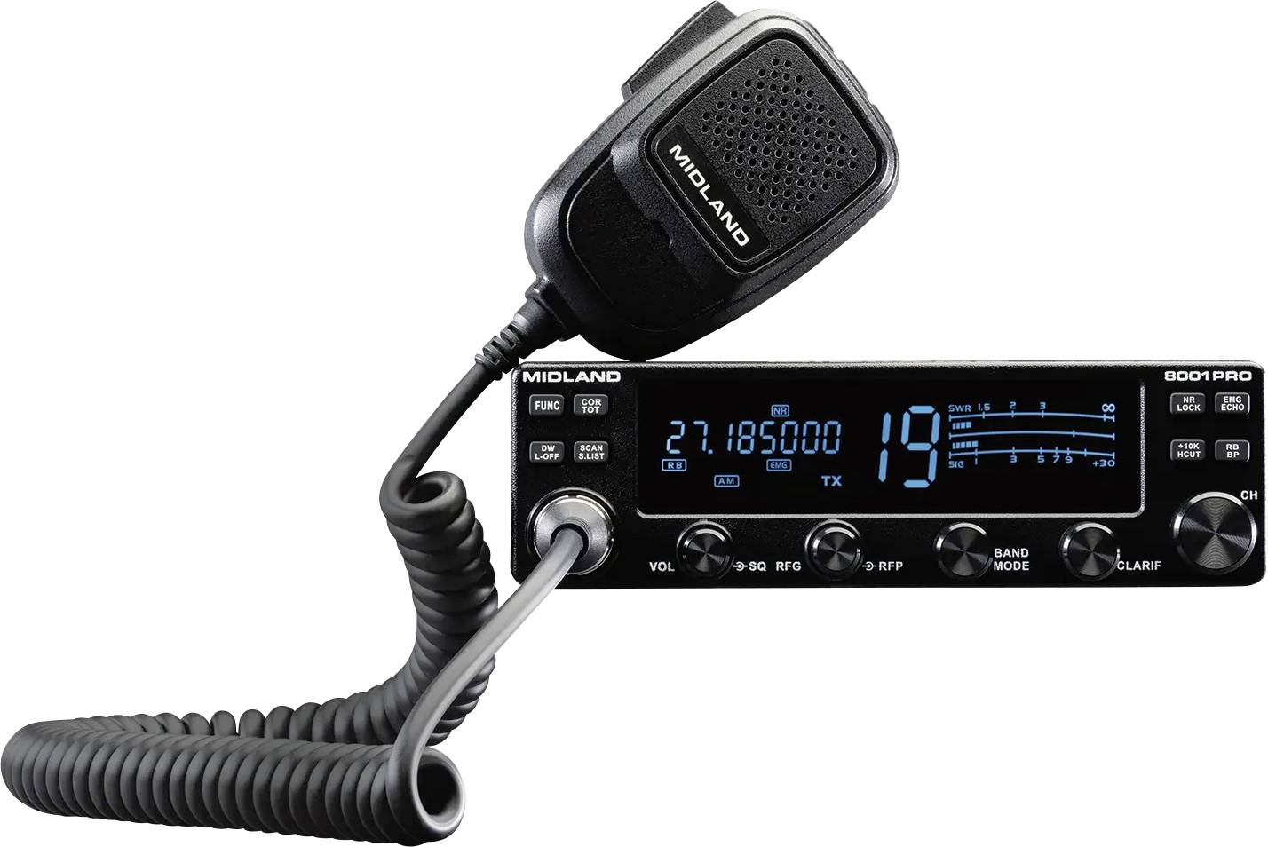 CB rádio s připojeným mikrofonem zobrazující frekvenci '27.18500' a kanál '19'.
