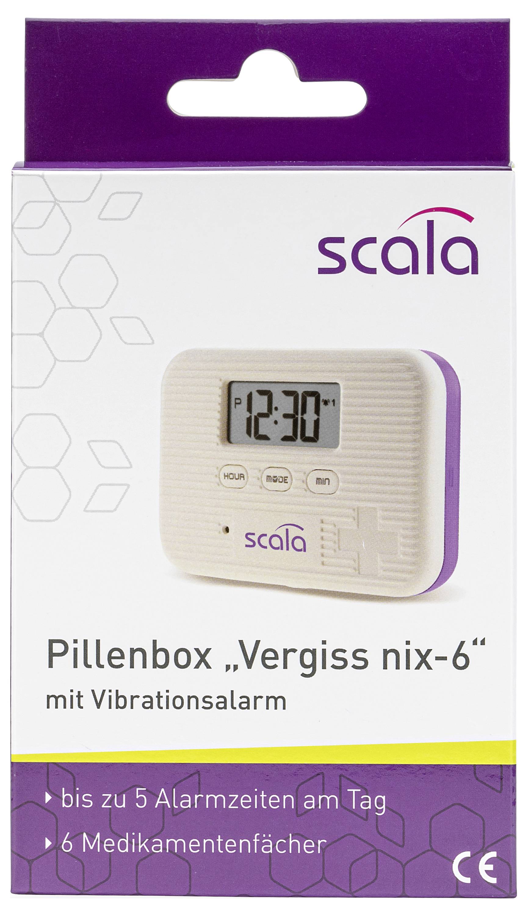 Balíček Scala 'Pillenbox Vergiss nix-6' s vibračním alarmem, s digitálním displejem hodin, pro správu až 5 alarmů a 6 přihrádek na léky.