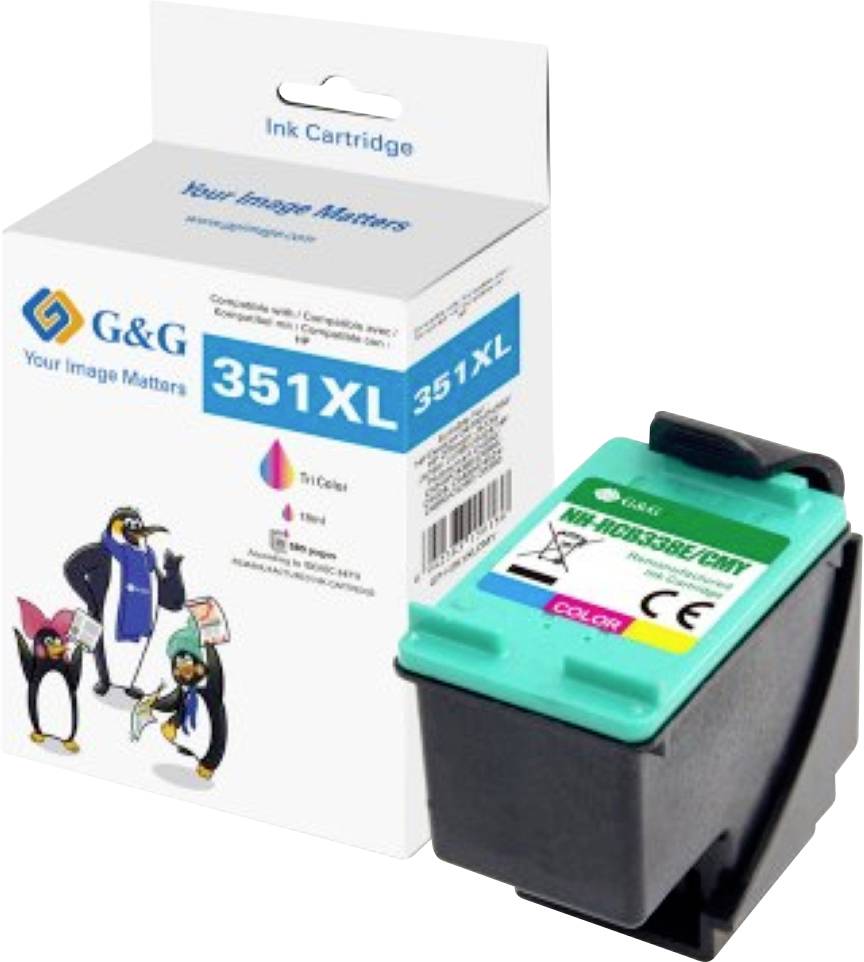 Obrázek ukazuje inkoustovou kazetu značky G&G modelu 351XL, která je kompatibilní s různými tiskárnami Canon. Krabička je ozdobena kresbou roztomilých tučňáků.