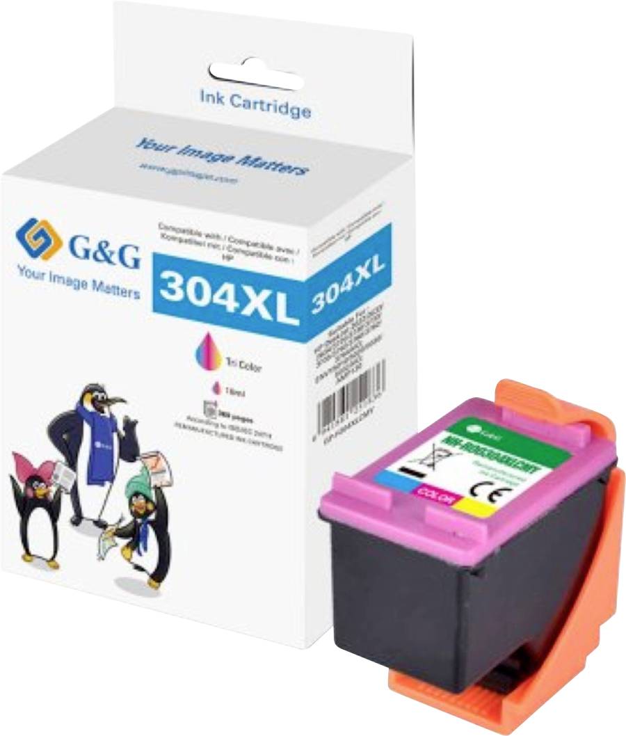 Inkoustová kazeta G&G 304XL Tri-Color s postavami tučňáků. Krabice zvýrazňuje kompatibilitu, objem a informace o značce.