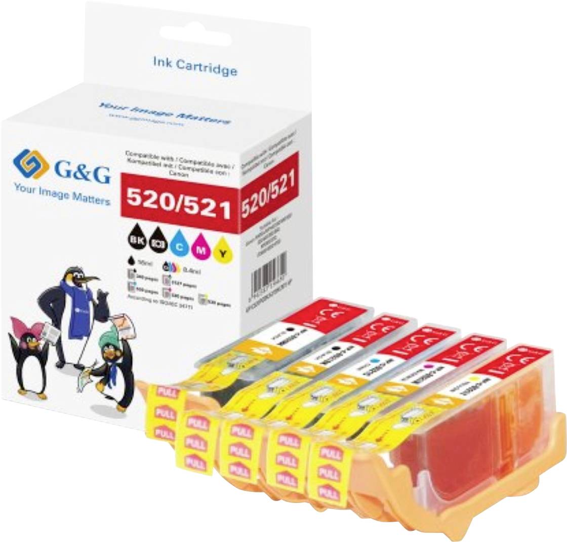 Sada inkoustových cartridgí, zobrazená v obalu, obsahuje azurové, purpurové, žluté, černé a šedé cartridge. Kompatibilní s konkrétními modely tiskáren.