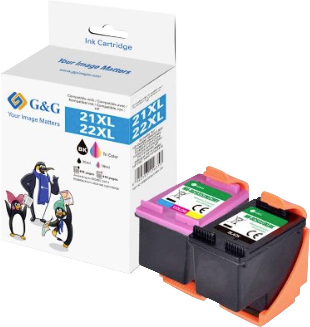 Inkoustové cartridge do barevné tiskárny, jedna černá a jedna barevná, vedle značkové krabice od balení s kreslými tučňáky a textem 'Na vašem obrazu záleží'.