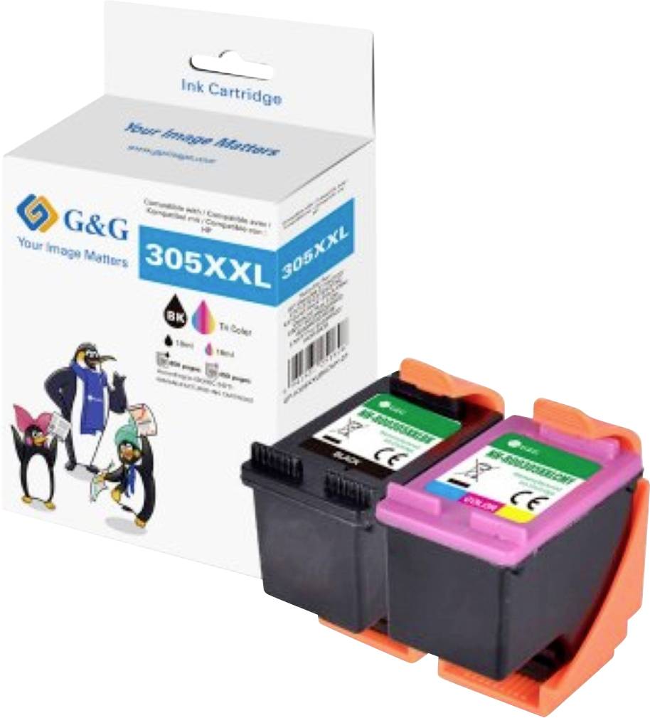 Dva inkoustové cartridge označené '305XXL' v černé a tříbarevné barvě, vedle krabice s nápisem 'G&G Your image Matters'. Obal zobrazuje ilustrace tučňáků.