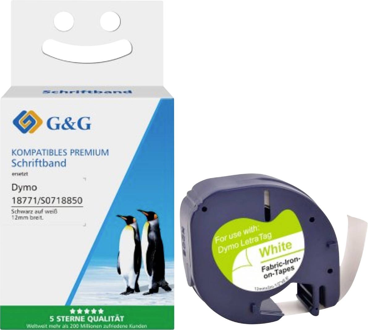 Balíček kompatibilní prémiové štítkovací pásky G&G a role pro tiskárny Dymo; obsahuje bílou textilní pásku, šířky 12 mm, s obrázkem tučňáka.