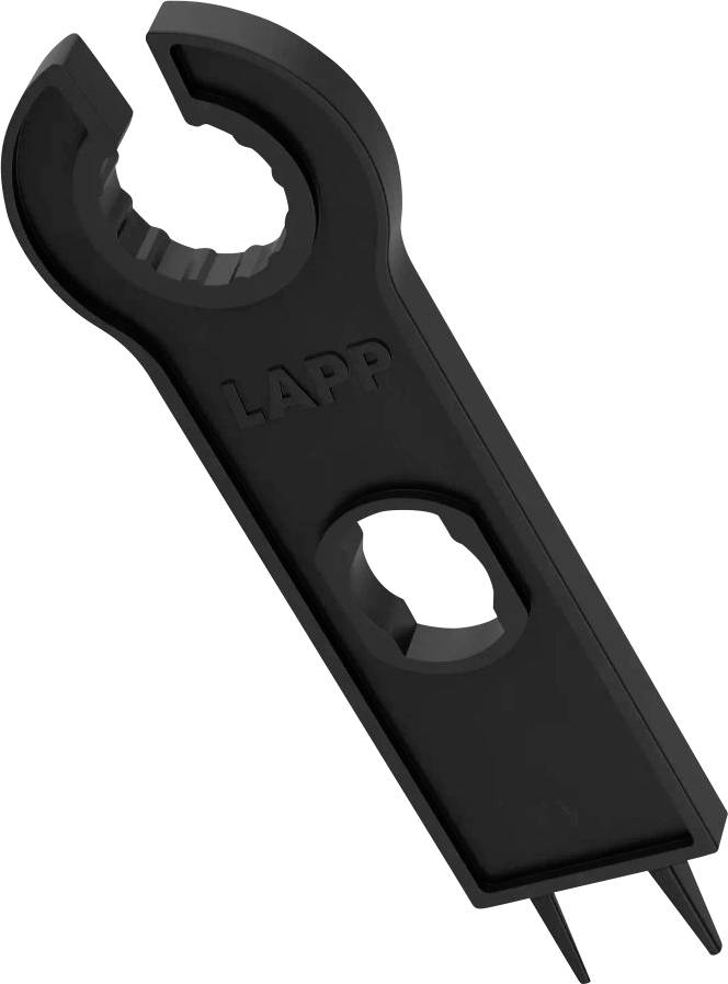 Černý plastový nástroj s hákovitým koncem a kolíky, na kterém je nápis LAPP, používaný pro manipulaci s konektory nebo kabely.