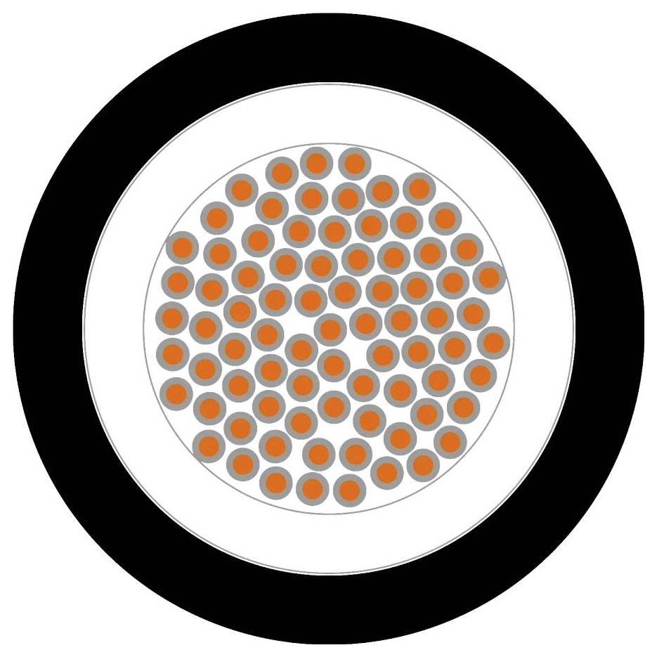 Diagram znázorňující průřez černobílého kruhového kabelu s malými oranžovými kruhy uvnitř demonstrujícími vnitřní vodiče.