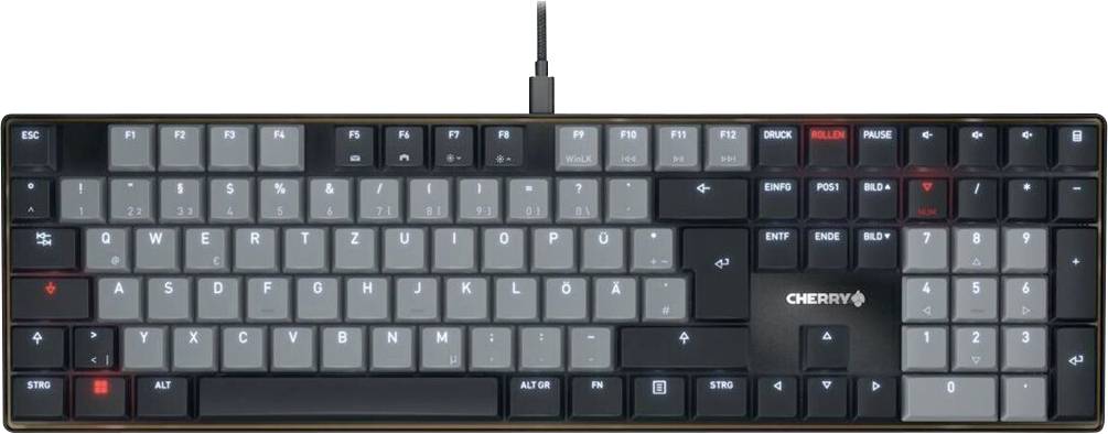 "Klávesnice Cherry MX" zobrazující plnou velikost s rozložením QWERTZ, funkční klávesy, numerickou klávesnici a vyhrazené ovládací prvky médií.