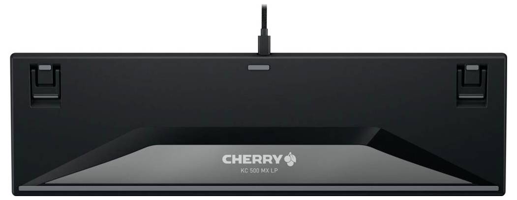 Zadní strana klávesnice CHERRY, model KC 6000 SLIM, ukazující kabel a nastavitelné nožičky pro přizpůsobení úhlu sklonu.
