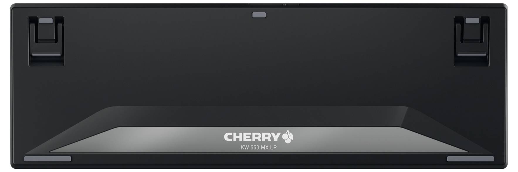 Obrázek ukazuje spodní stranu klávesnice Cherry, model KW 9100 SLIM, s dvěma skládacími nožičkami a značkou na elegantním designu.