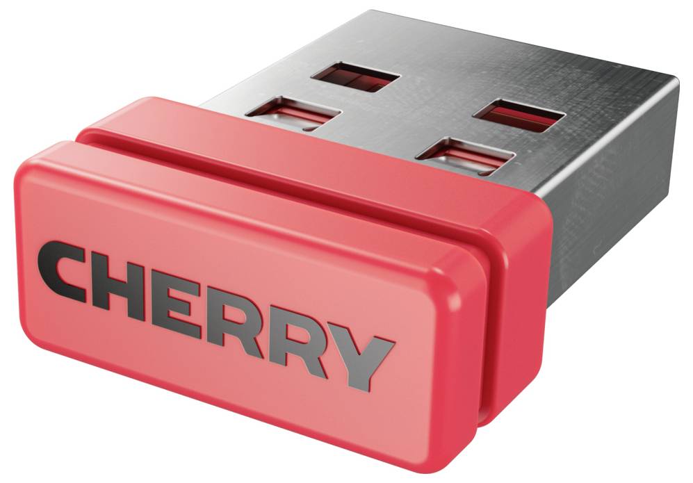 USB adaptér s červeným pouzdrem označený "CHERRY".