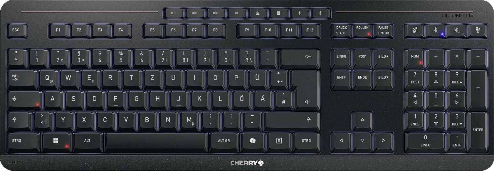 Černá klávesnice Cherry s numerickou klávesnicí, funkčními klávesami a standardním rozložením QWERTY.