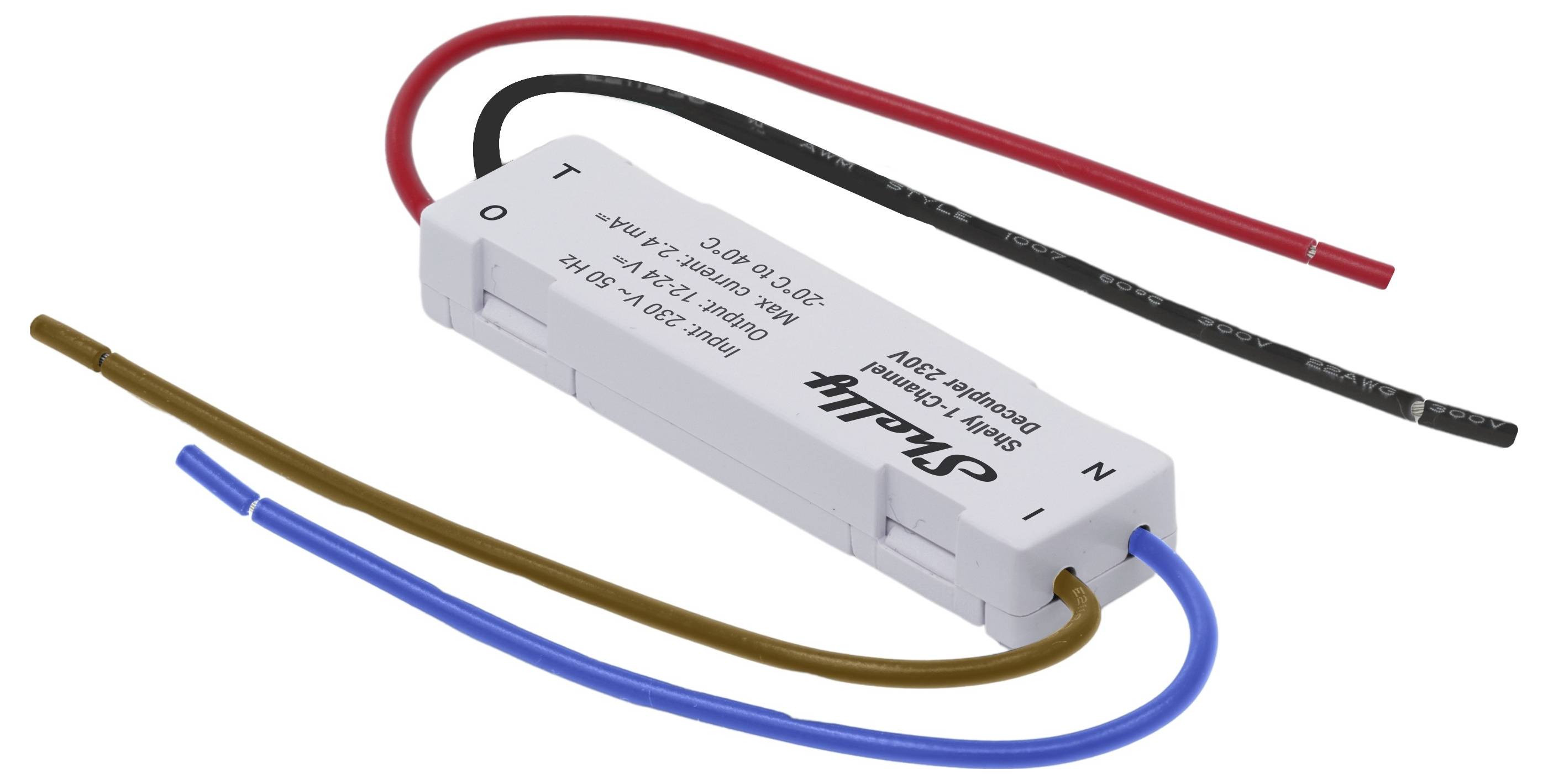 Bílá obdélníková elektronická součástka s připojenými vodiči. Součástka má označení vstupů a výstupů a technické specifikace.