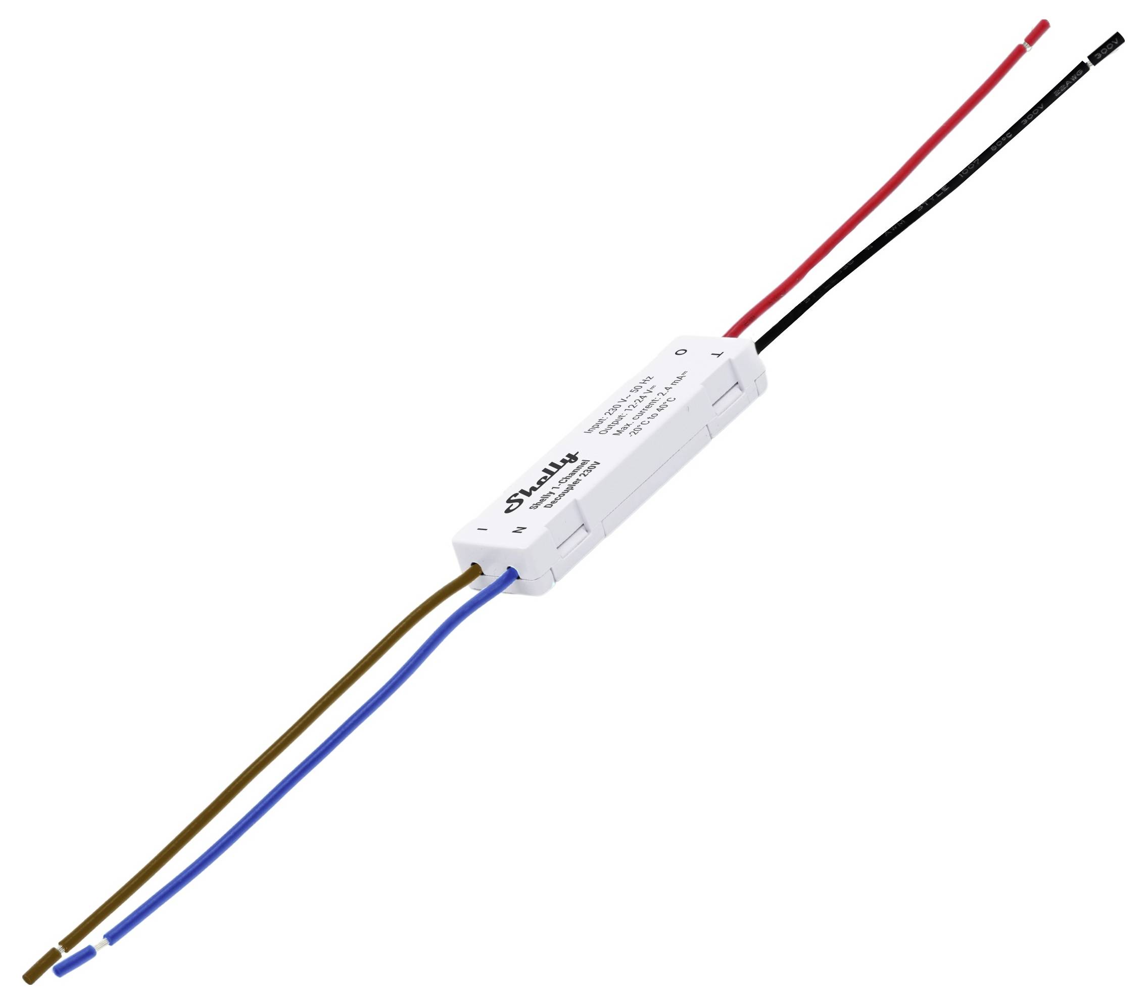 Malý bílý elektronický transformátor se dvěma páry barevných vodičů: červený a černý na jedné straně, hnědý a modrý na druhé straně.