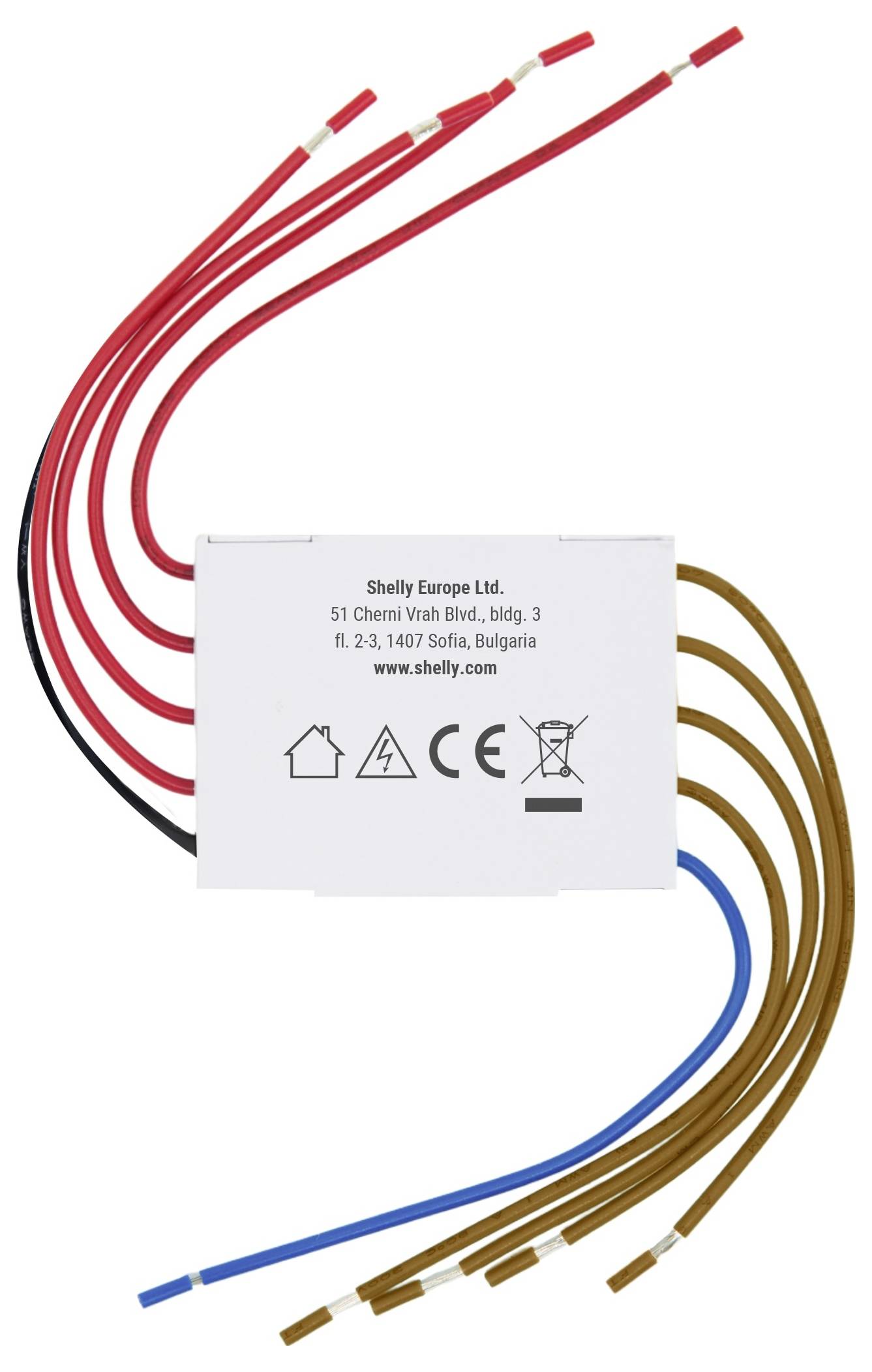 Malé elektronické zařízení s několika červenými, černými, modrými a hnědými vodiči vycházejícími z něj, označené ikonami elektrické bezpečnosti.