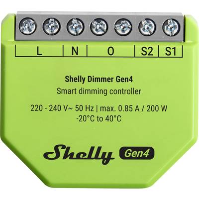 Obrázek ukazuje zelený Shelly Dimmer Gen4, inteligentní regulátor stmívání se připojením označeným L, N, O, S2, S1; pracuje na napětí 220-240V.