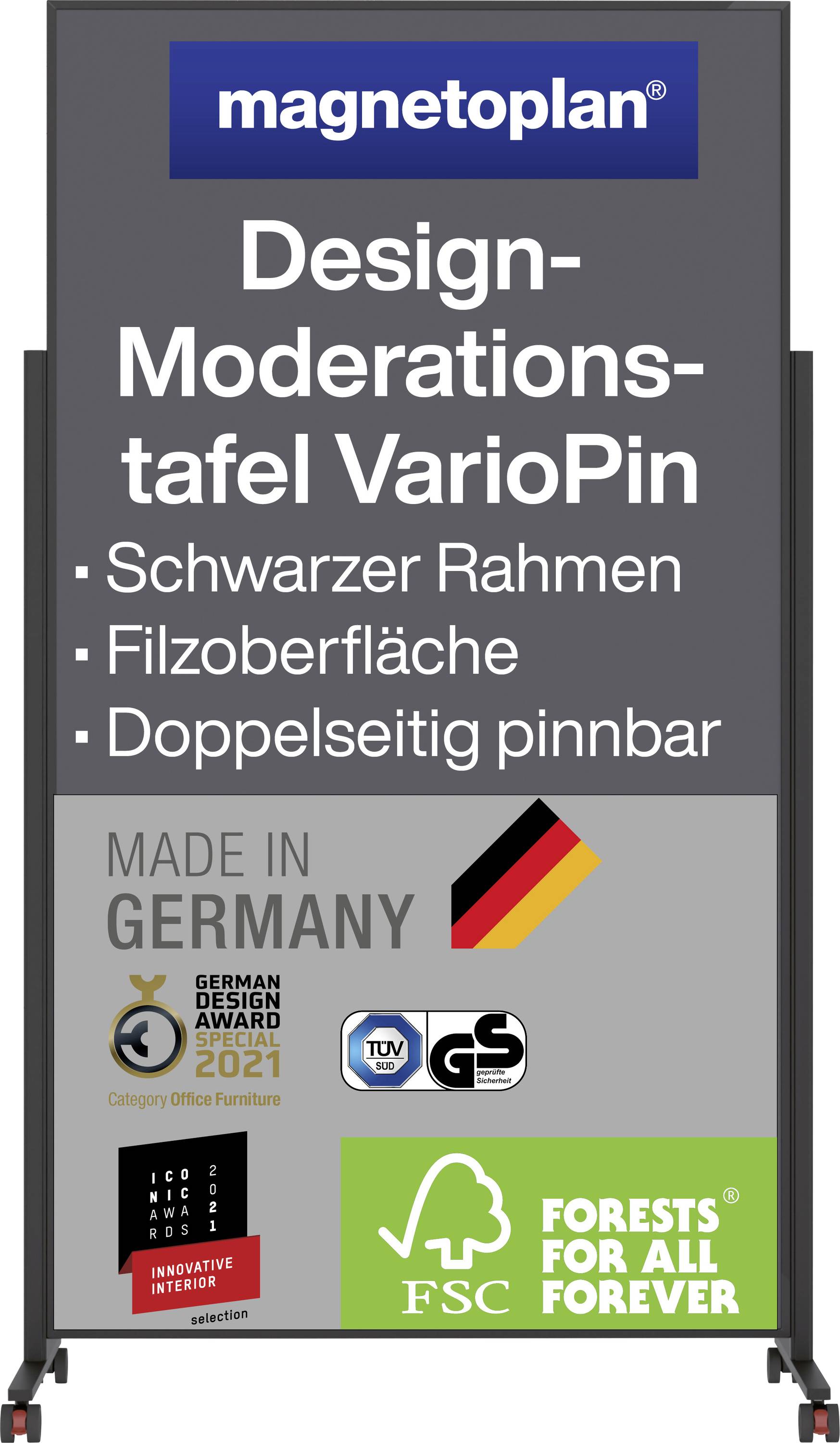 Černá moderační tabule s plstěným povrchem od společnosti Magnetoplan, "Made in Germany" zobrazeno. Vyhrála German Design Award 2021.
