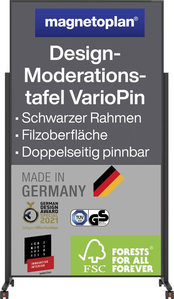 magnetoplan moderační tabule VarioPin (š x v) 100 cm x 180 cm plsť černá, šedá oboustranně použitelné, včetně koleček, magnetické, nástěnka 1181201