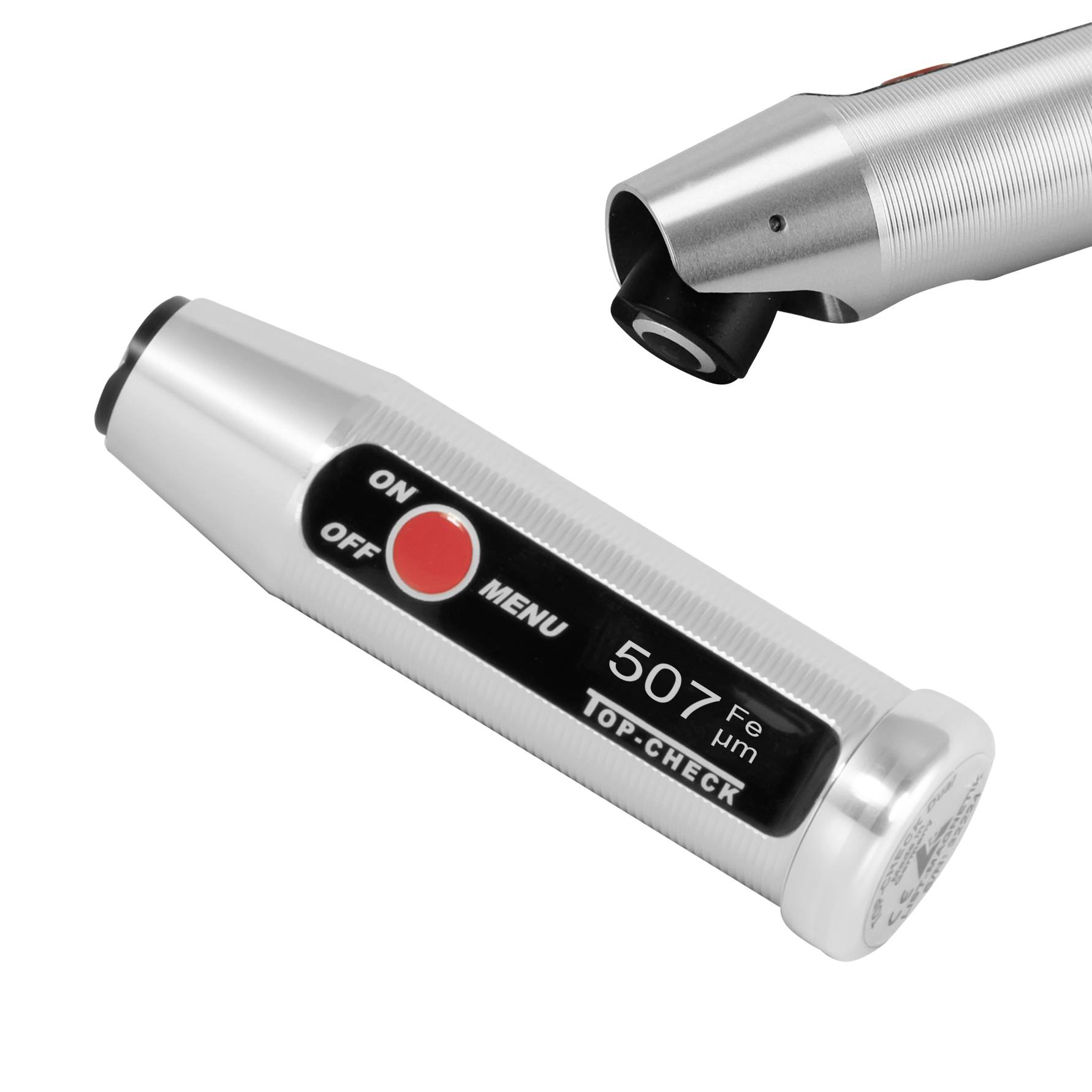 Přenosný inspekční nástroj Silver Top-Check 507 Fe hm s tlačítkem ON/OFF/MENU a hrotem sondy zobrazený na bílém pozadí.