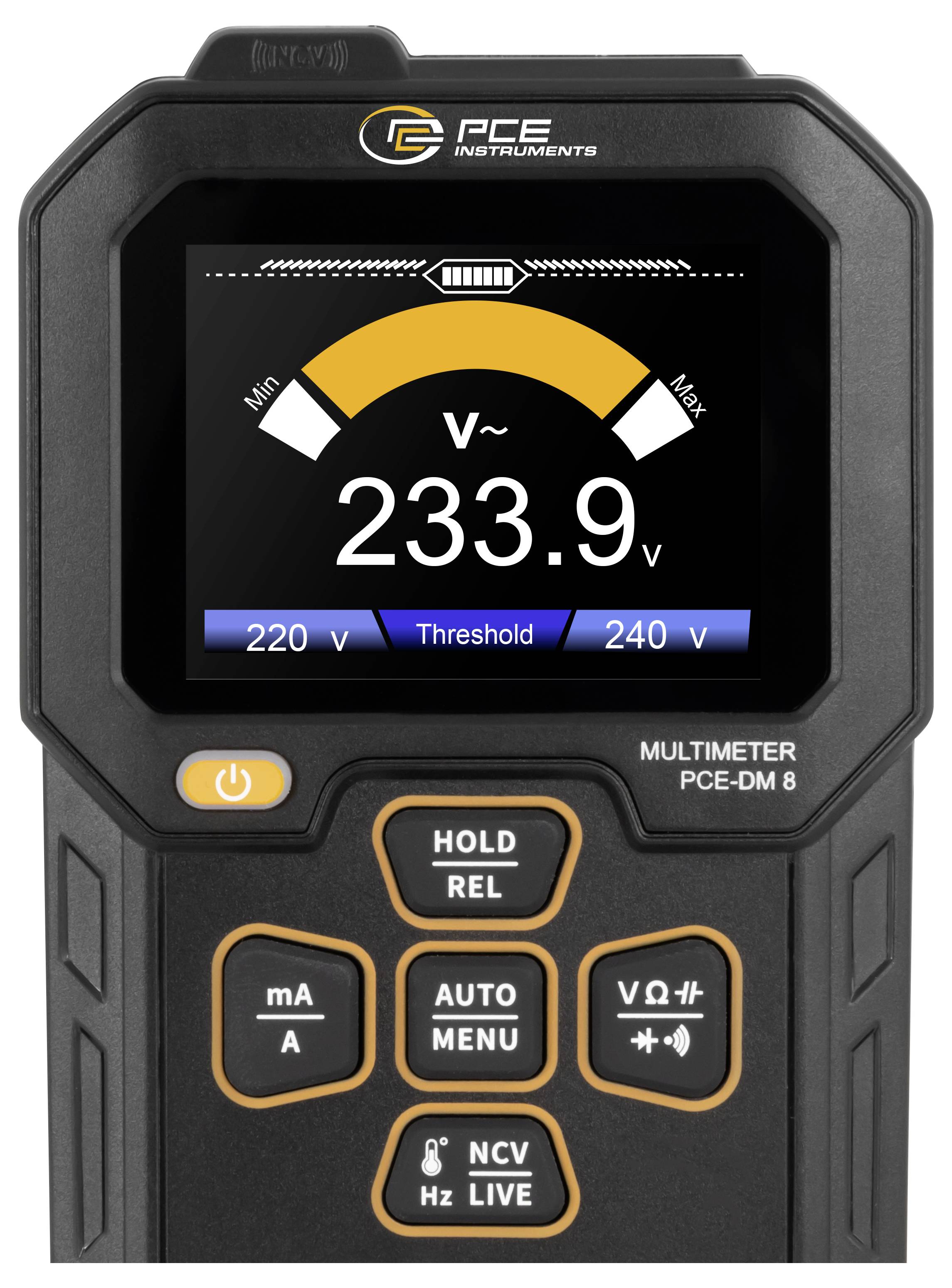 Digitální multimetr v režimu měření AC napětí, ukazující hodnotu 233,9 V, s mezními značkami na 220 V a 240 V.