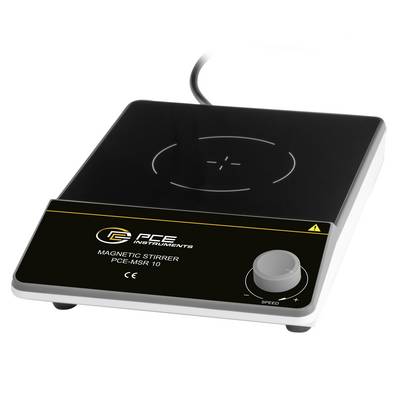 Černá magnetická míchačka s regulačním knoflíkem rychlosti, označená PCE Instruments PCE-MSR 10, zobrazená na bílém pozadí.
