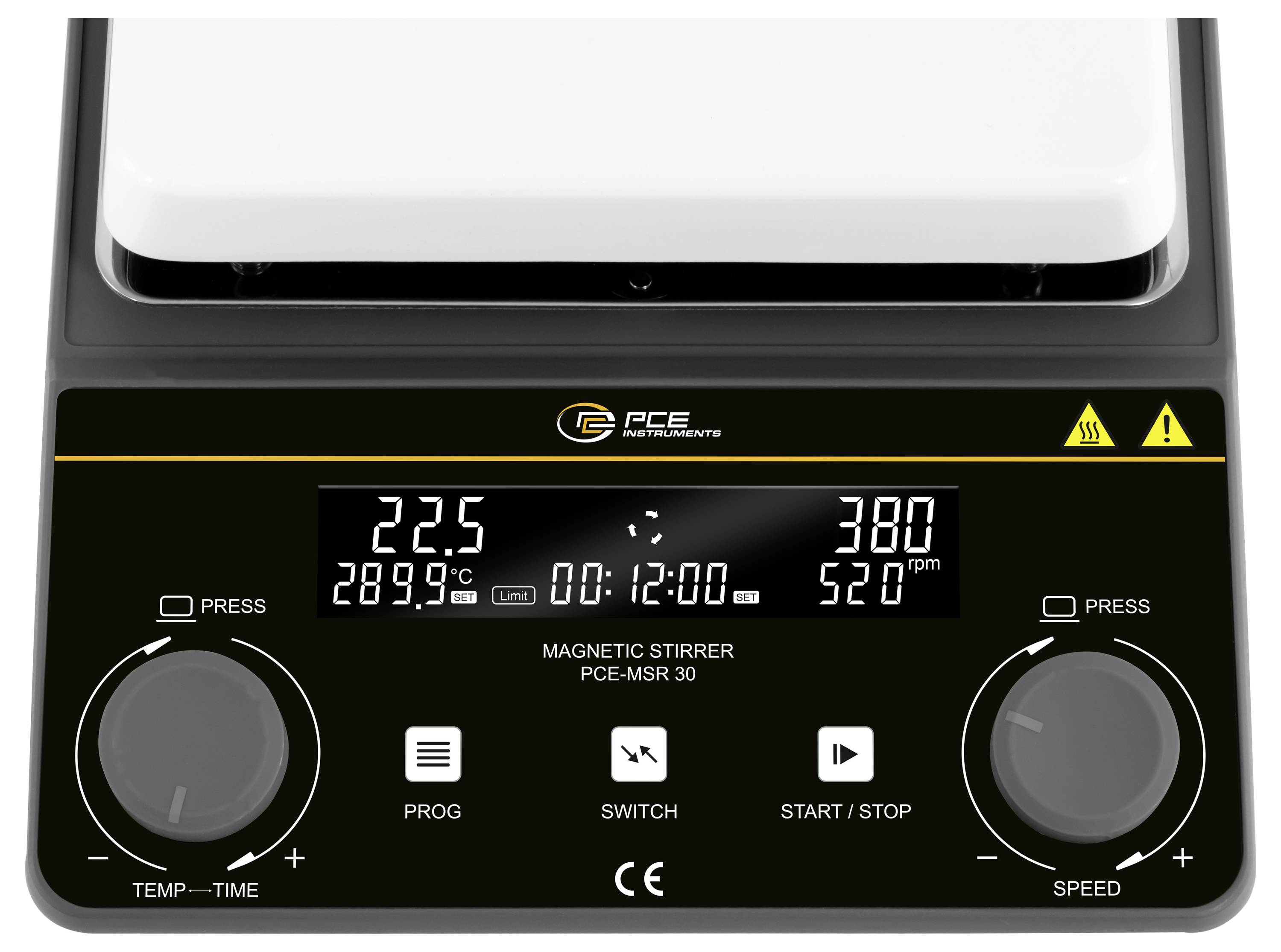 Přední panel magnetické míchačky s digitálním displejem zobrazujícím 22,5, 289,9°C, 380 ot/min a 00:12:00, plus ovládací prvky teploty, rychlosti a spuštění/zastavení.