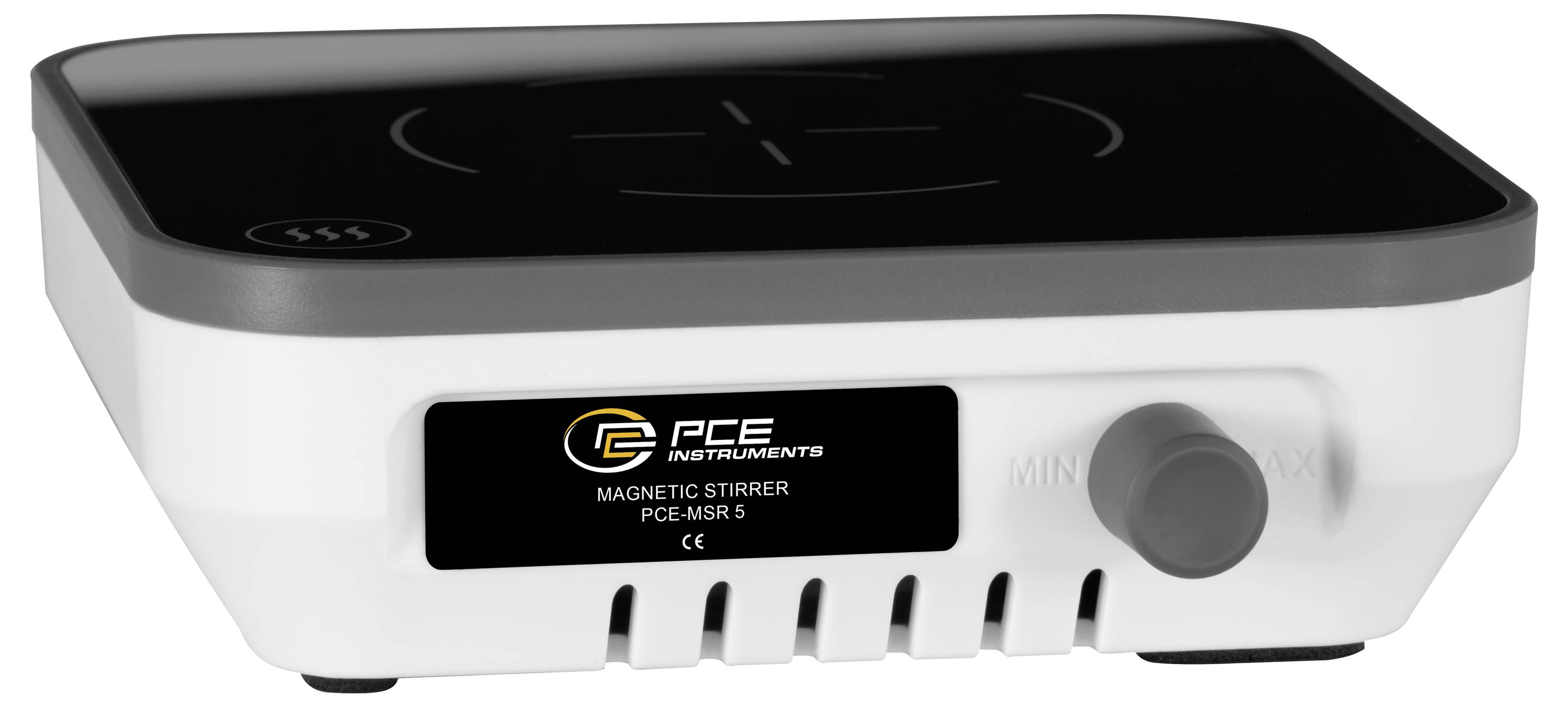 Bílá magnetická míchačka s ohřívací deskou s černou horní částí, ovládacím knoflíkem vpředu a štítkem PCE Instruments na přední straně panelu.