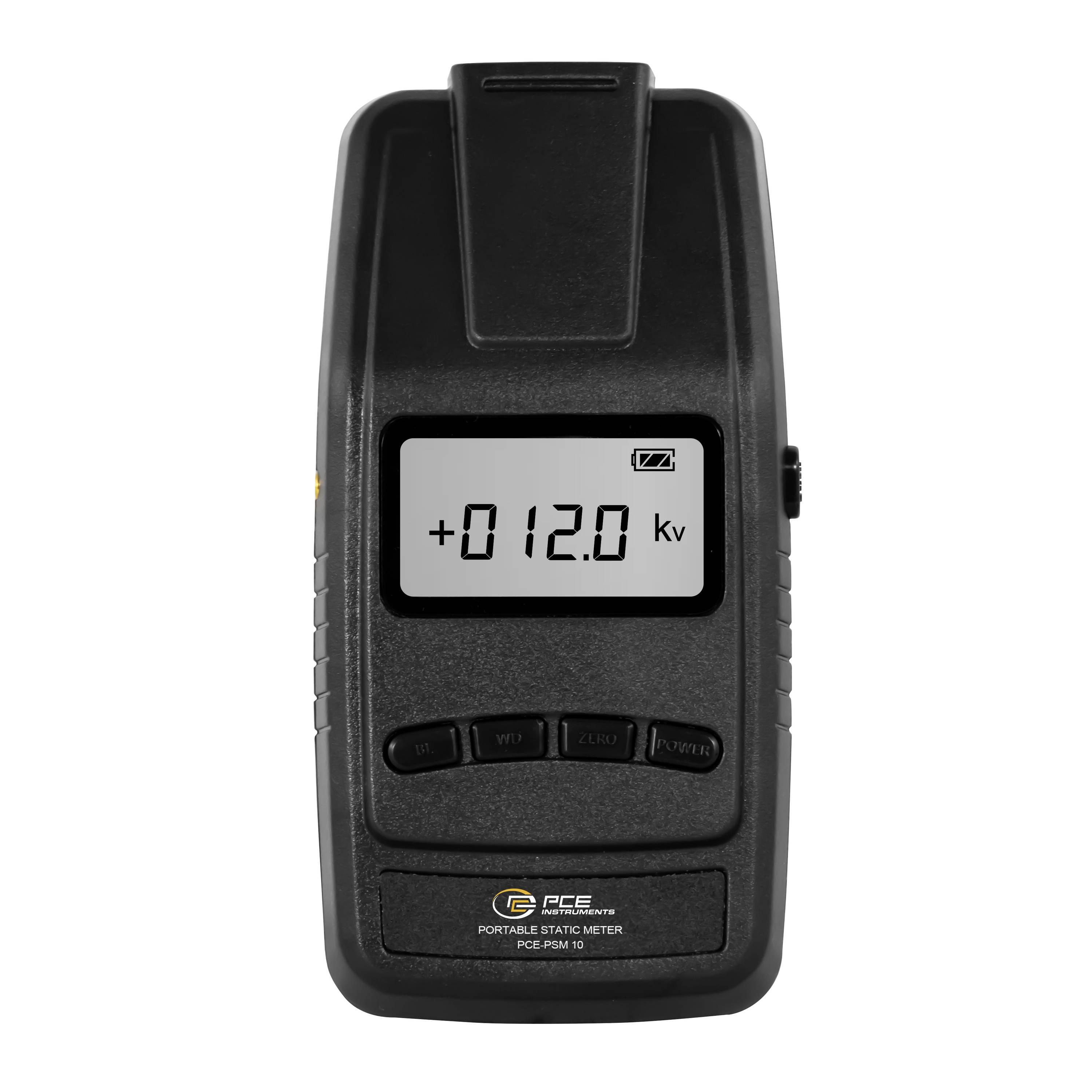 Přenosný statický měřič s LCD displejem zobrazujícím "+012.0 kV" a indikátorem baterie zobrazený na přenosném zařízení.