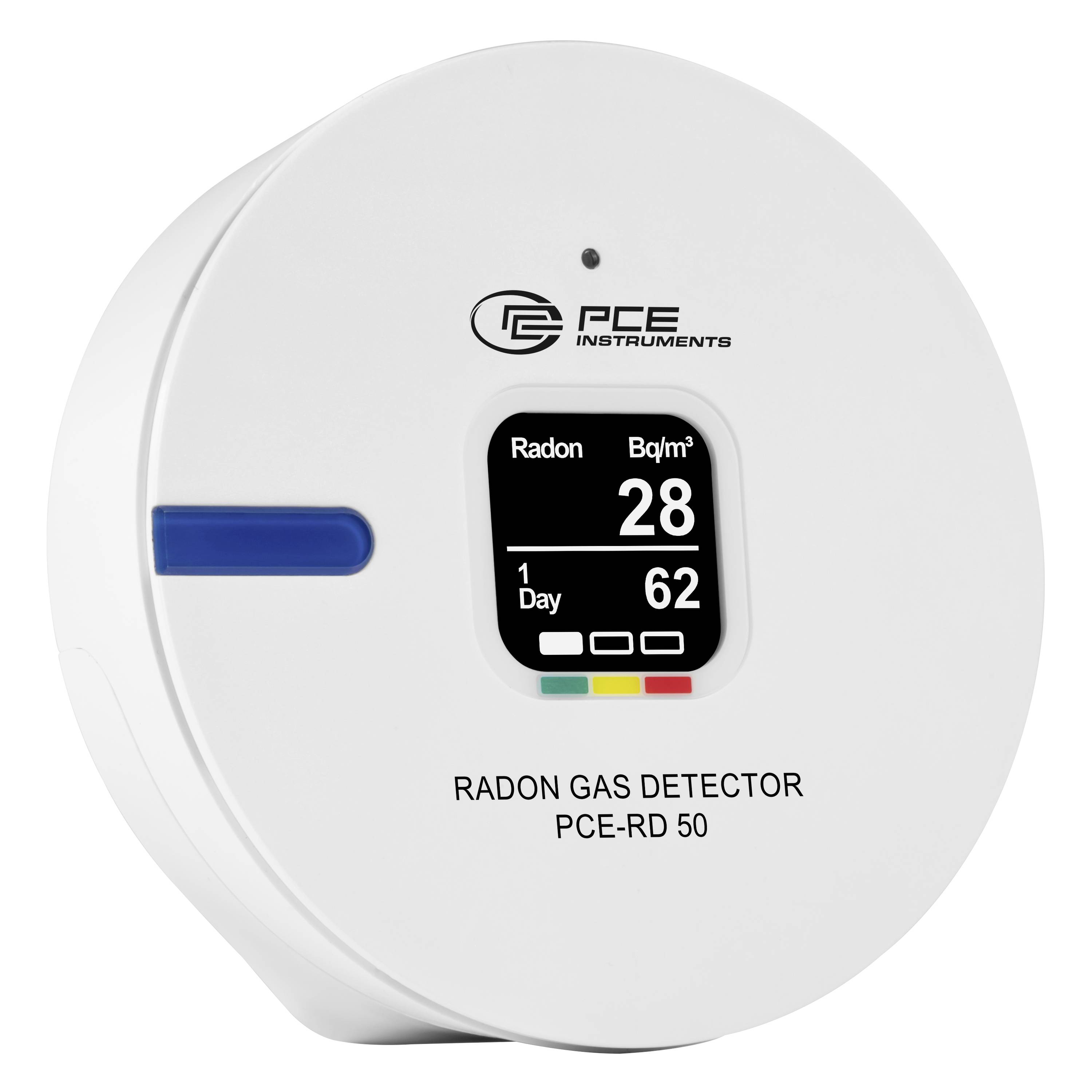 Kulatý bílý detektor radonu PCE Instruments zobrazující 28 Bq/m³ a 62 za 1 den, model PCE-RD 50.