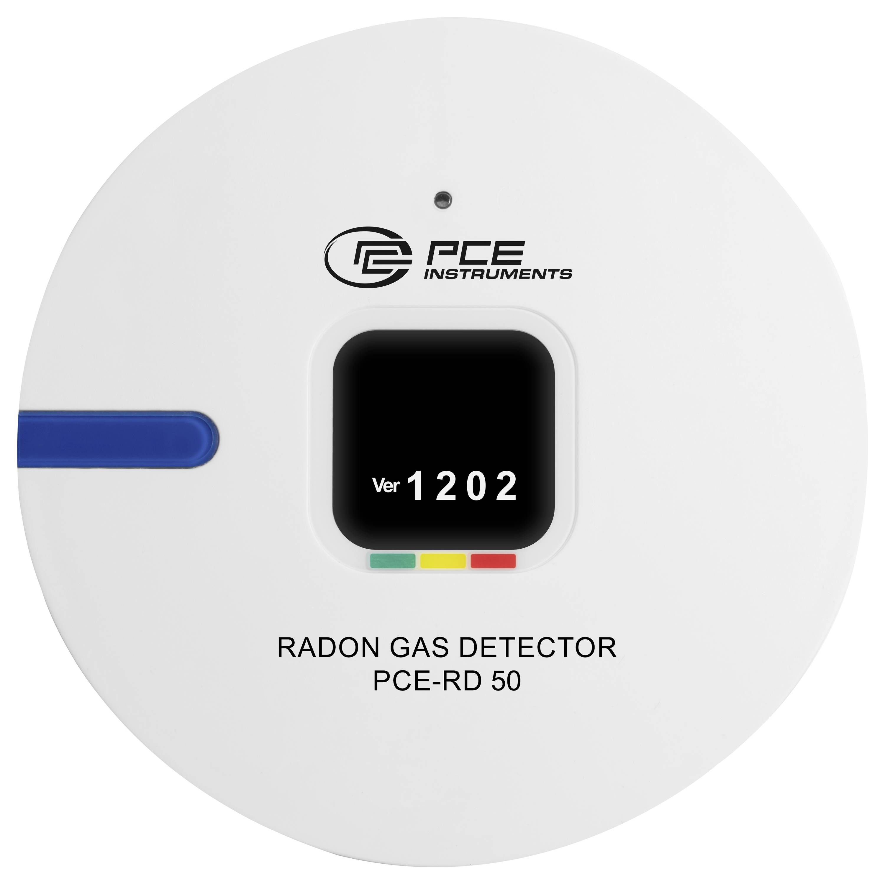 Přední pohled na detektor radonu PCE Instruments, model PCE-RD 50, s malým displejem zobrazujícím 'ver 1202'.