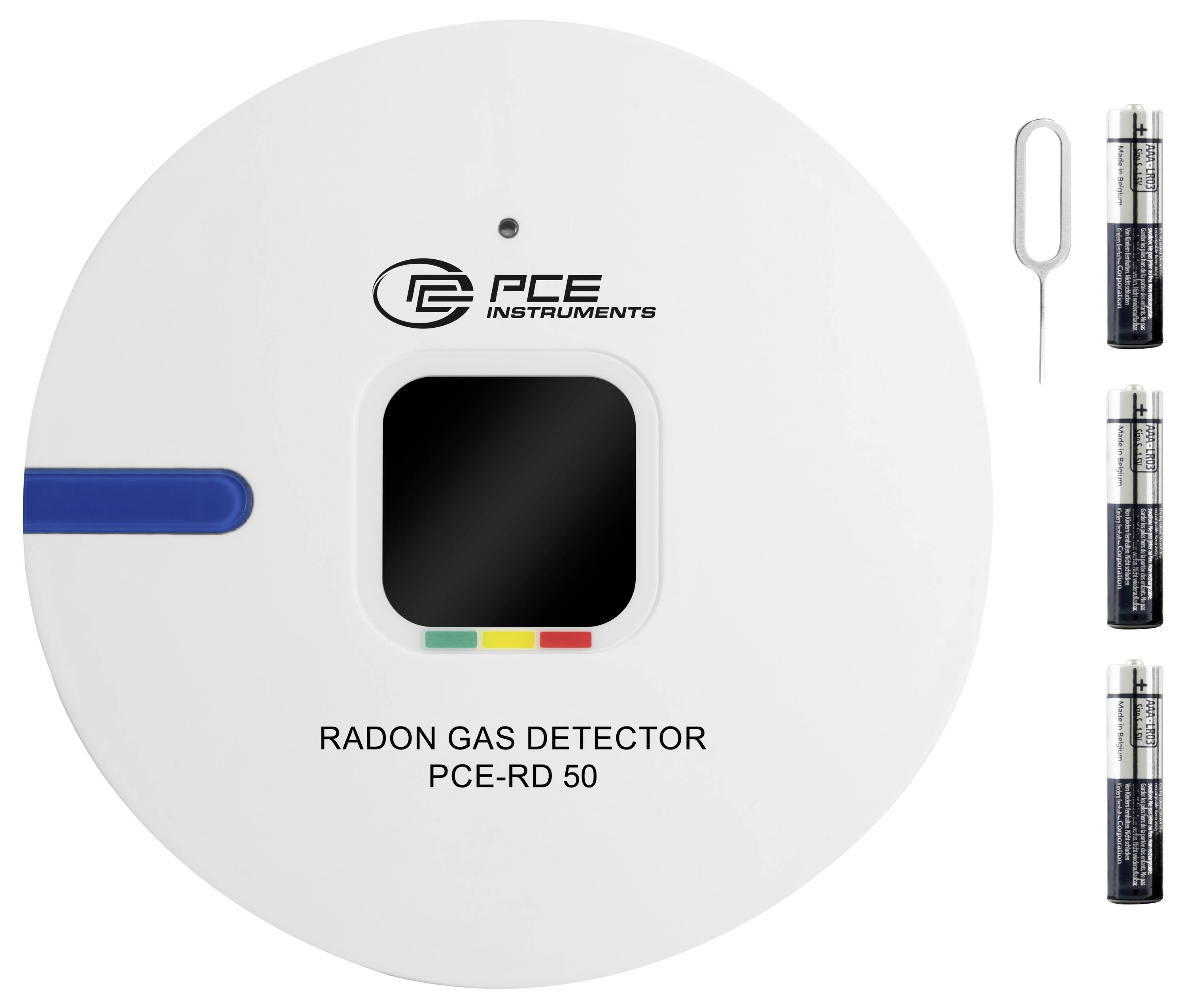Detektor radonu PCE Instruments, model PCE-RD 50, zobrazený s bateriemi a klíčovým nástrojem.
