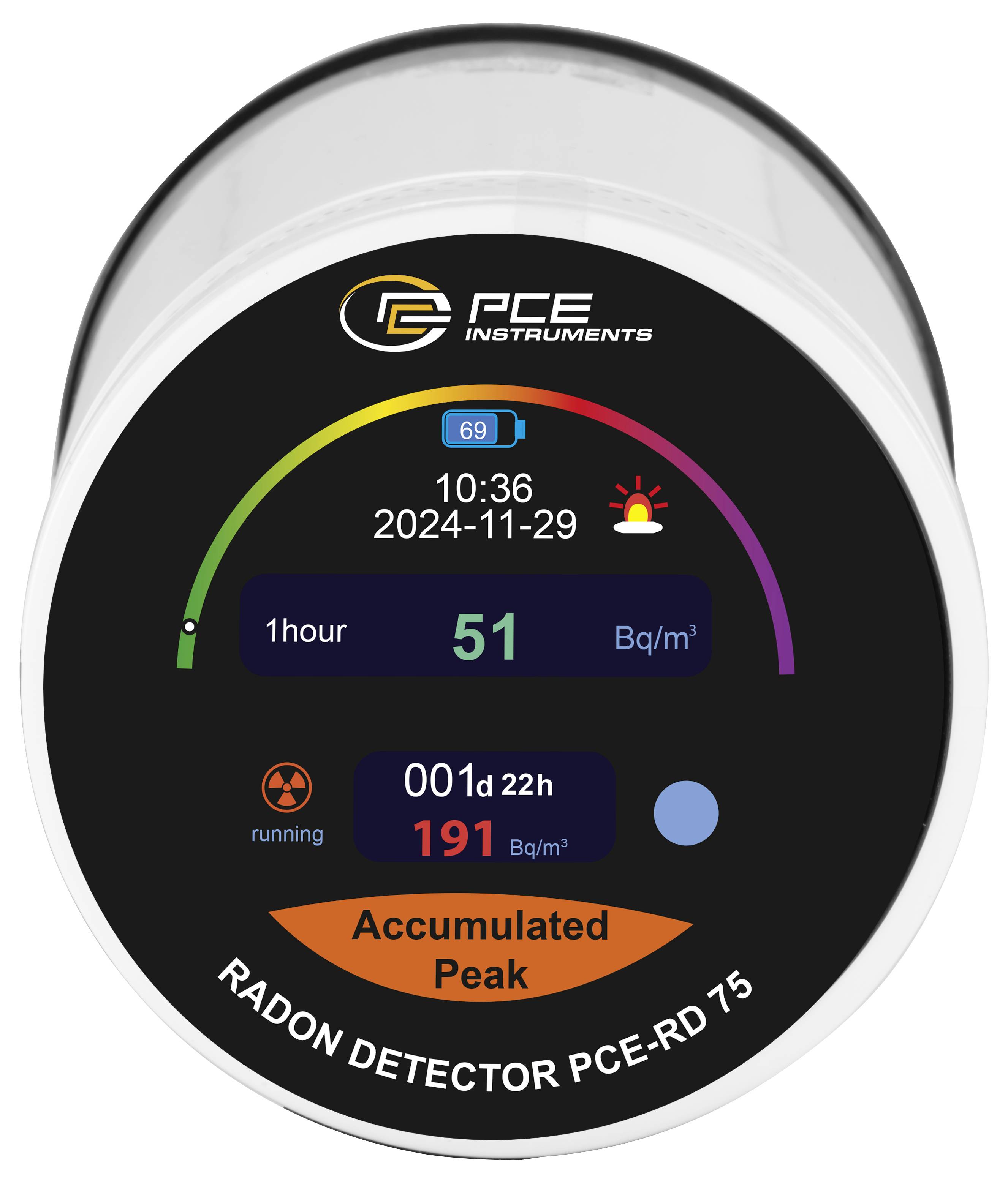 Detektor radonu PCE Instruments zobrazující aktuální úroveň radonu 51 Bq/m³, průměr za 1 hodinu, kumulovaný vrchol 191 Bq/m³, s datem a časem.