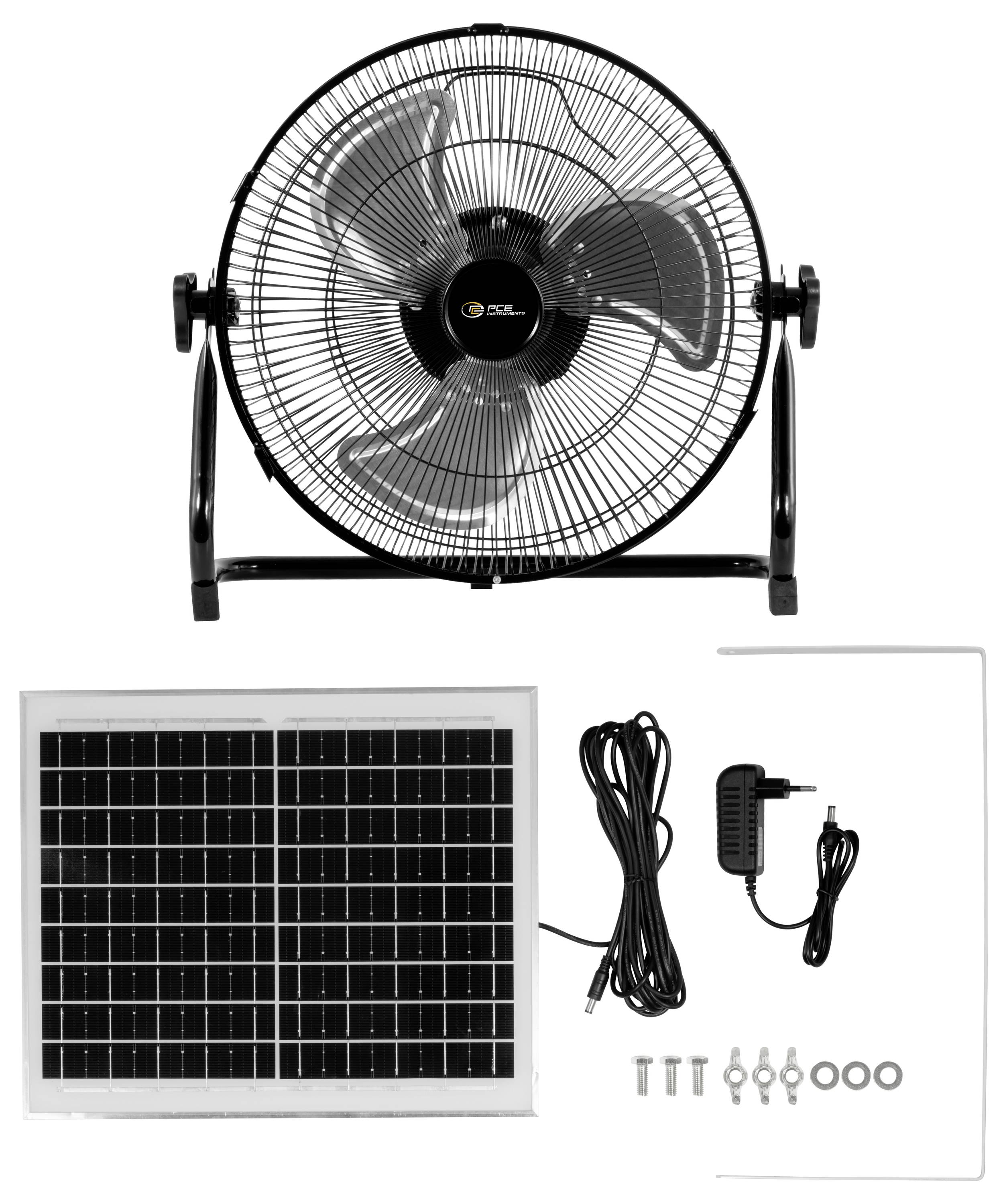 Černý podlahový ventilátor se solárním panelem, napájecím adaptérem, kabelem a montážním materiálem zobrazený jako sada solárního ventilátoru.
