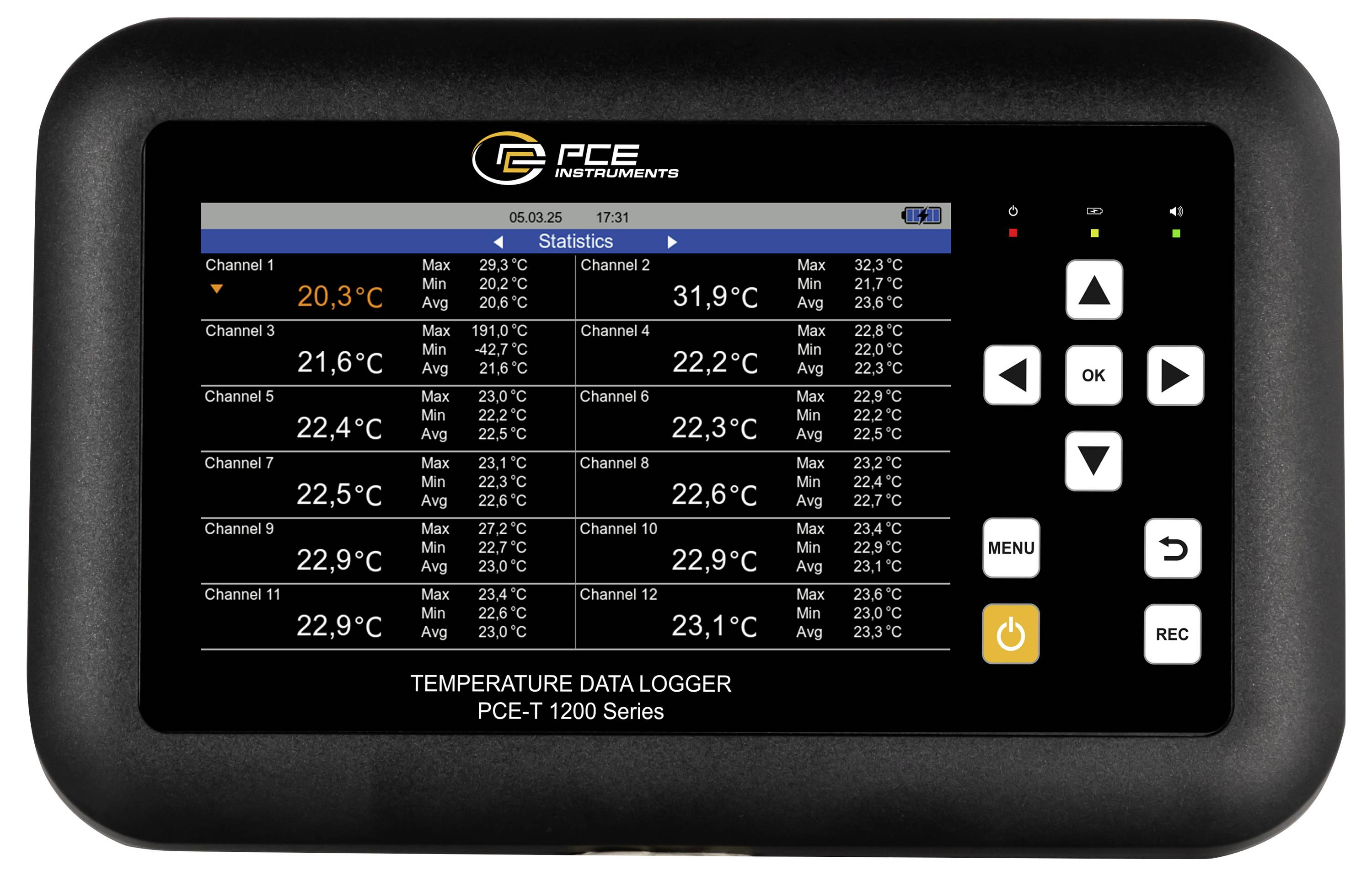 PCE Instruments zobrazovací jednotka záznamníku teploty s 12 kanály údajů, se současnými teplotami kolem 20,3 °C až 31,9 °C a tlačítky menu/navigace na pravé straně.