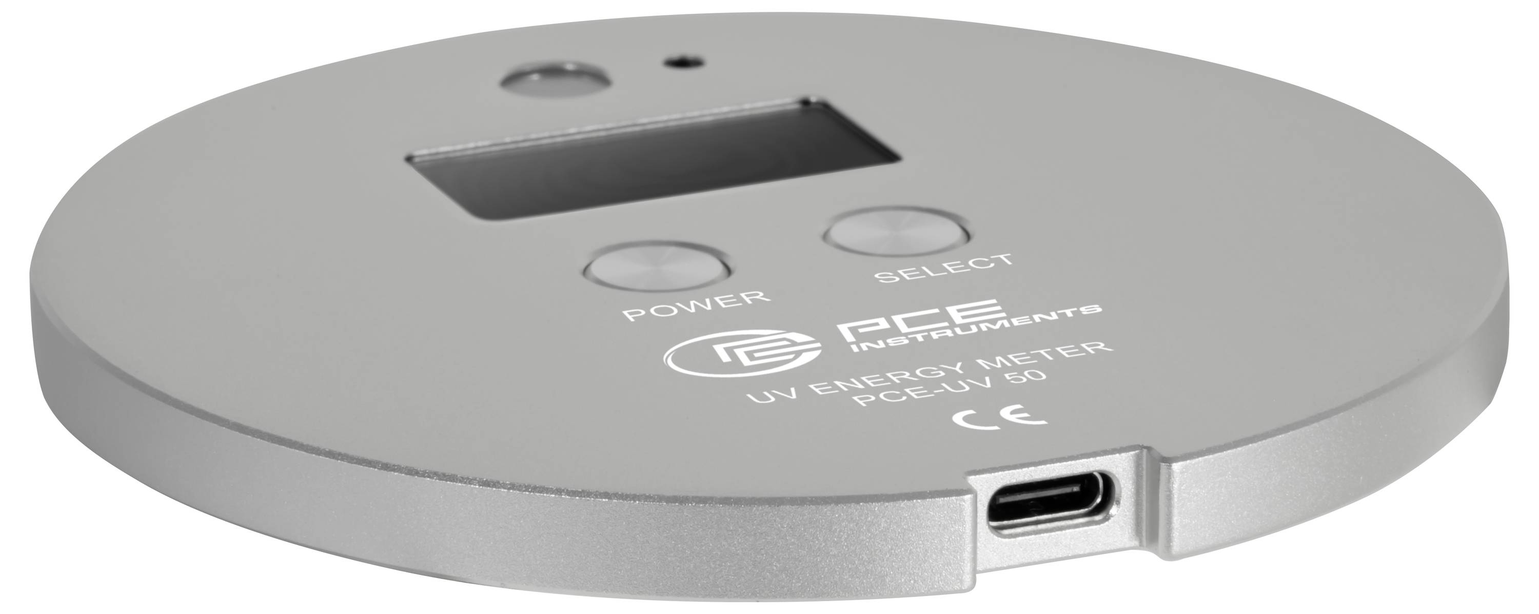 Pohled shora na stříbrný kulatý Wedge™ USB-C měřič s malým displejem, dvěma tlačítky označenými „POWER" a „SELECT" a portem USB-C