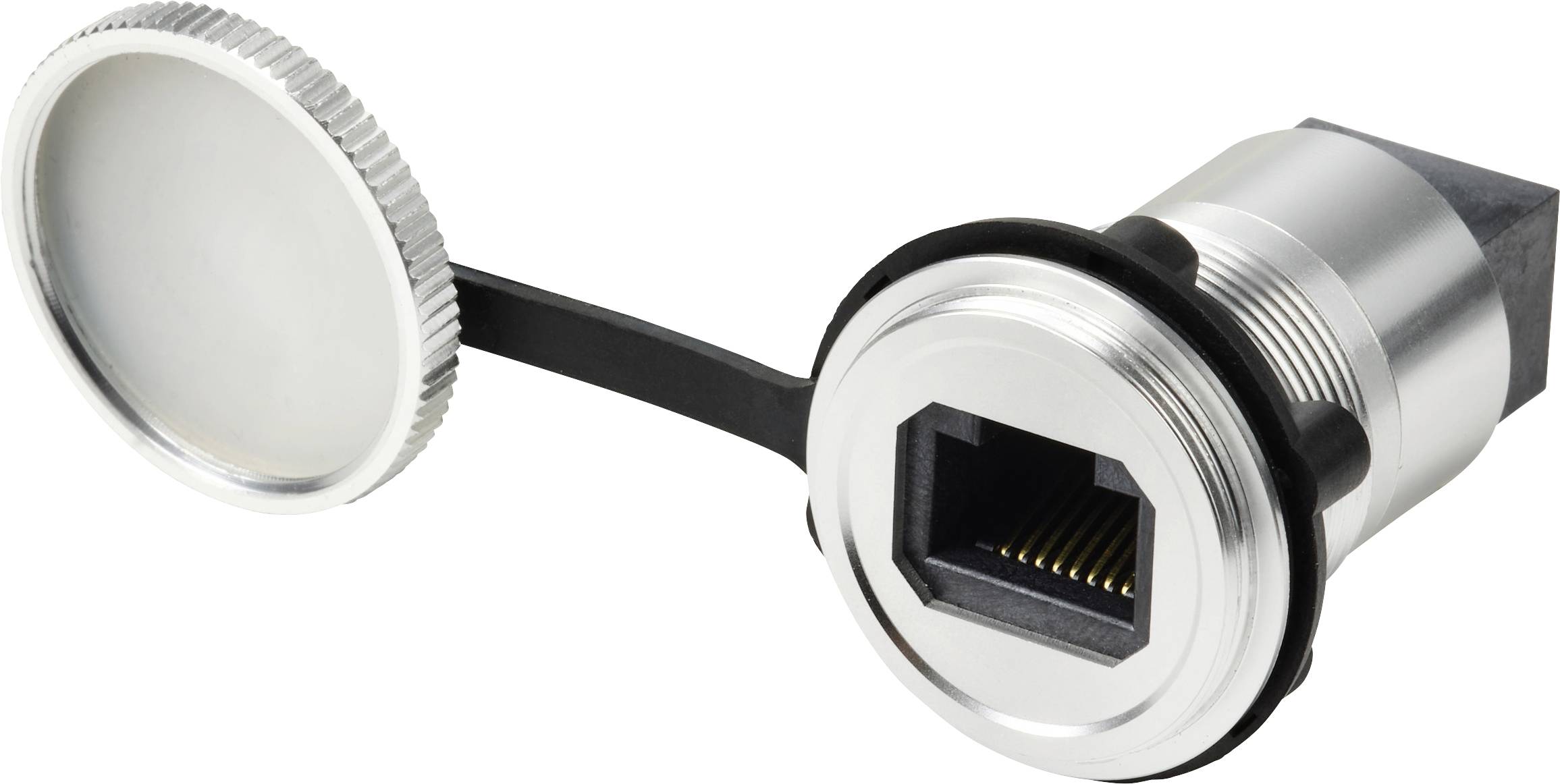 Kovový síťový port RJ45 s ochranným krytem, navržený pro bezpečné a spolehlivé Ethernetové připojení v různých zařízeních.