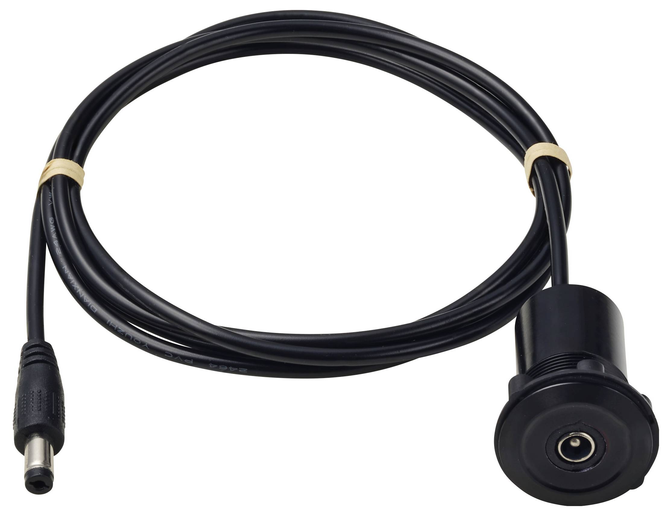 Černý kabel s kulatými konektory na obou koncích, svinutý se dvěma béžovými pásky.