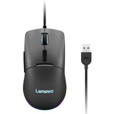 Černá herní myš Lenovo s RGB osvětlením, připojená přes USB kabel. Design obsahuje další boční tlačítka a kolečko pro posouvání.