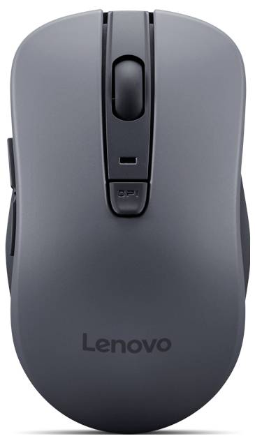 Šedá bezdrátová počítačová myš Lenovo s kolečkem pro posouvání a tlačítkem DPI, navržená pro ergonomické používání se vkusným, moderním designem.