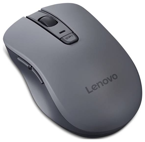 Šedá bezdrátová myš Lenovo s kolečkem a bočními tlačítky, zobrazená z horního pohledu.