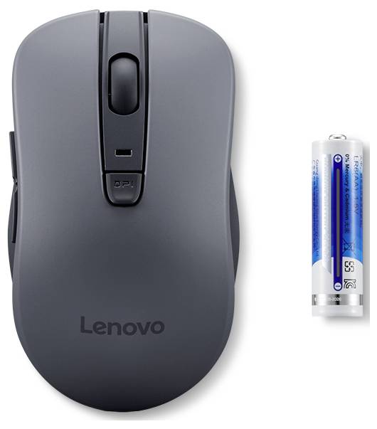 Šedá bezdrátová myš Lenovo vedle jedné baterie AA, která ukazuje kompatibilitu a zdroj napájení.
