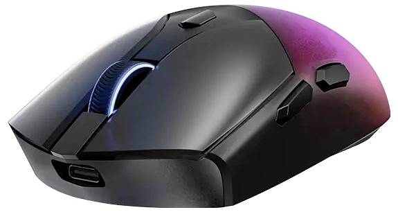 Elegantní černá herní myš s modrým LED osvětlením a bočními tlačítky, navržená pro ergonomický komfort a zvýšený výkon.